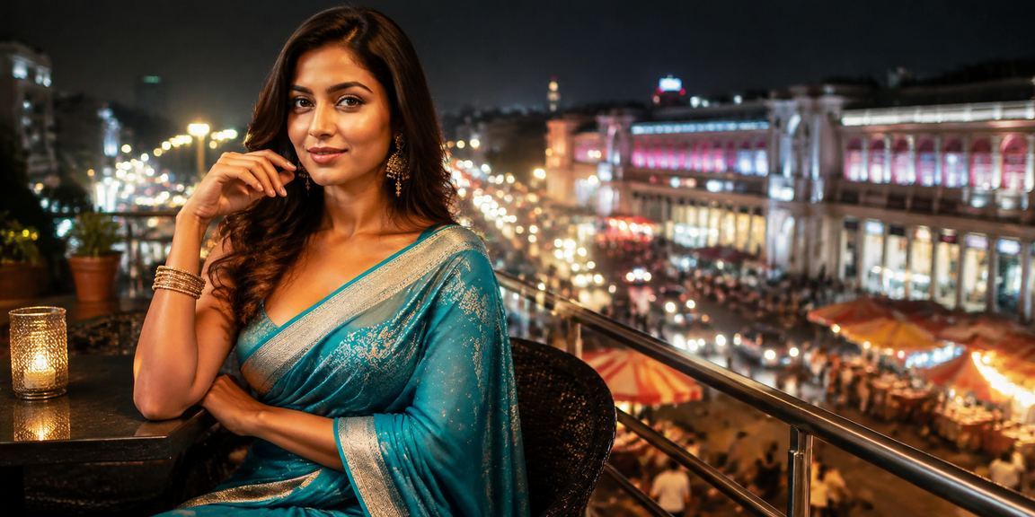 Player in colorful saree depositing funds for Rummy in busy Connaught Place Delhi